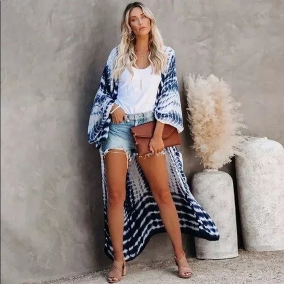 Boho Blue Tie Dye Kimono Duster Coverup - Picture 4 of 13
